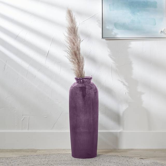 Tall Ribbed Recycled Glass Vase - Lilac