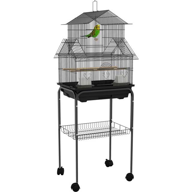 PawHut Metal Bird Cage w/ Perch, Food Container, Handle, for Finch, Canary, Black
