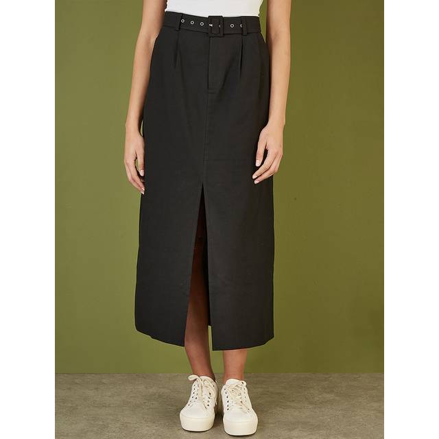 Yumi Womens Black Cotton Midi Skirt With Belt And Split Hem - Size 12 UK