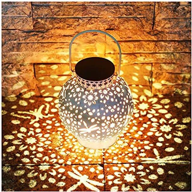KOOPER Solar Lanterns Outdoor, Metal Hanging Solar Garden Lights with Vintage White Finish and Dual Color LED, Waterproof Garden Ornaments Lanter