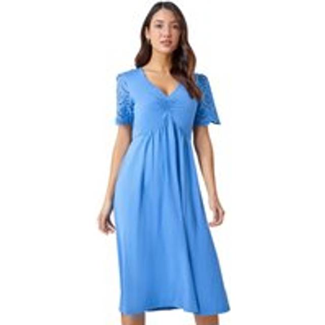 Roman Womens Cotton Broderie Sleeve Midi Dress - Blue - Size 10 UK