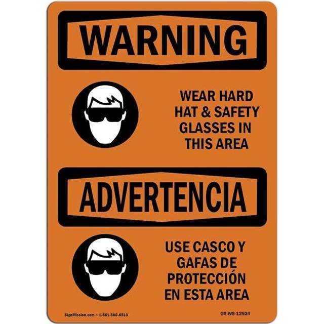 SignMission OS-WS-D-35-L-12924 OSHA Warning Sign - Wear Hard Hat & Safety Glasses Bilingual