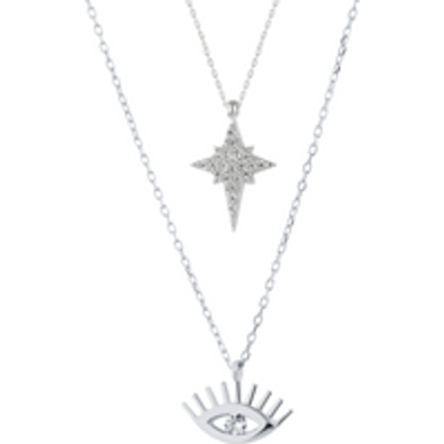 Womens White Eye Evil Eye and Northern Star Starburst Sterling Silver Necklace Layering Set - Grey - One Size