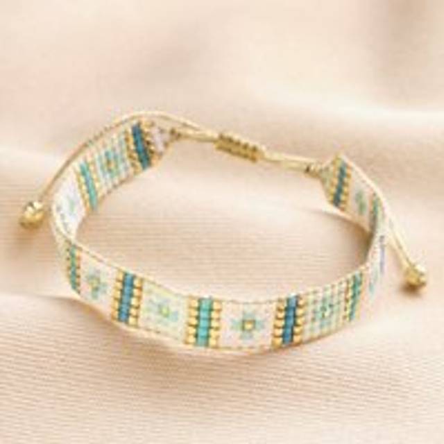 Blue Beaded Woven Cord Bracelet in Gold - blue/white/gold - one size