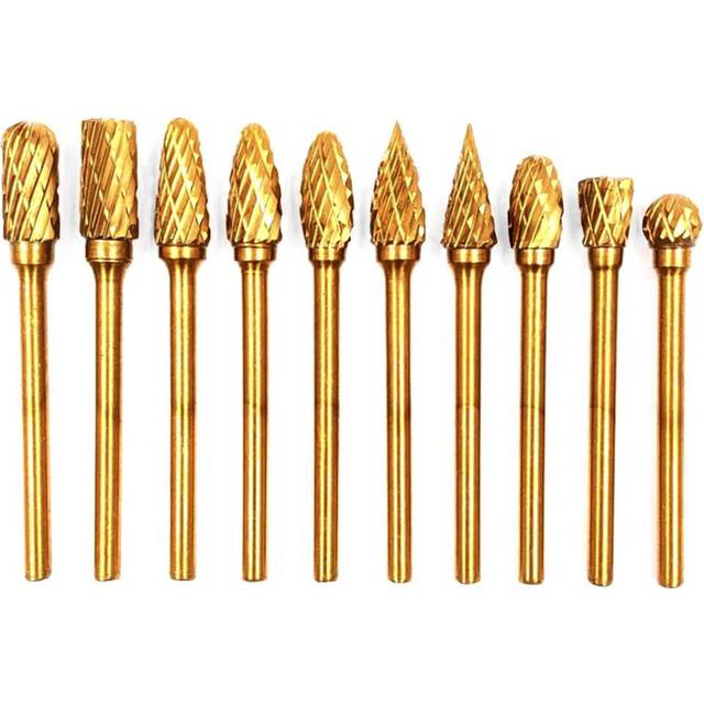 10Pcs Titanium Carbide Rotary Burr Set Double Cut Tungsten Steel Die Grinder Bits 3mm Shank and 6mm Head for Woodworking