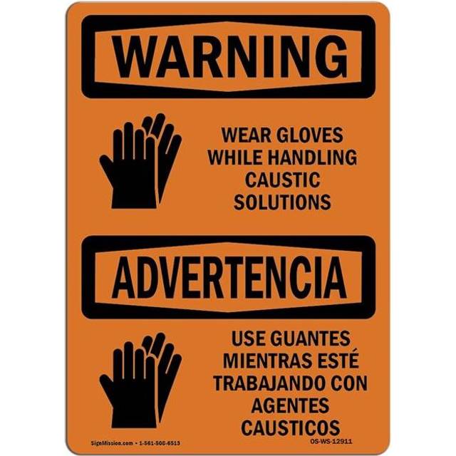 SignMission OS-WS-D-35-L-12911 OSHA Warning Sign - Wear Gloves Caustic Solutions Bilingual