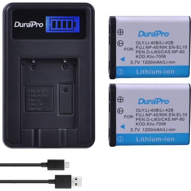 DuraPro 2 st 3,7 V 1 200 mAh EN-EL10 Li-40B NP-45 batteri + LCD USB-laddare för Olympus Li-42B Fujifilm NP-45 Nikon EN-EL10 D-Li63 D-Li108 NP-80 CNP80 KLIC-7006