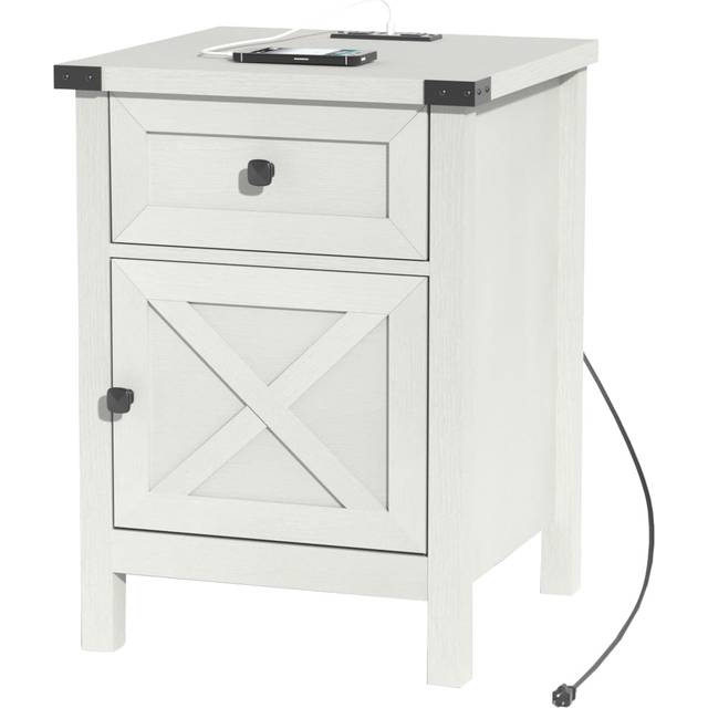 Farmhouse Nightstand with Charging Station, White Side Table, Rustic End Table with Barn Door and Drawer, Rustic Floating Nightstands Modern Bed Side