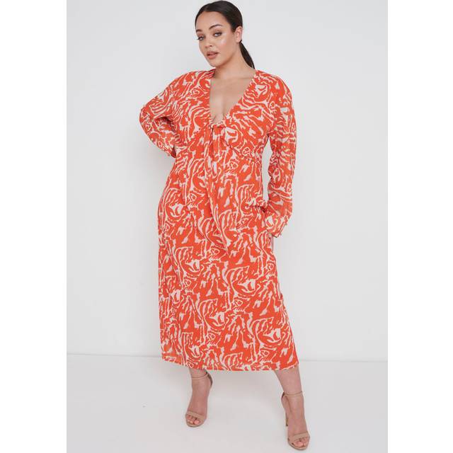Rosslyn Tied Long Sleeve Midaxi Dress Curve - Orange Zebra, 22
