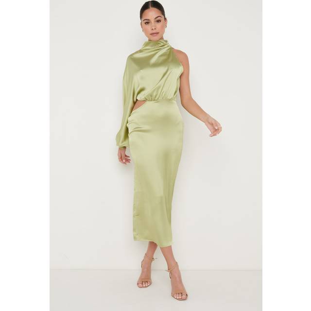 Verity One Shoulder Satin Dress - Pale Olive, 10