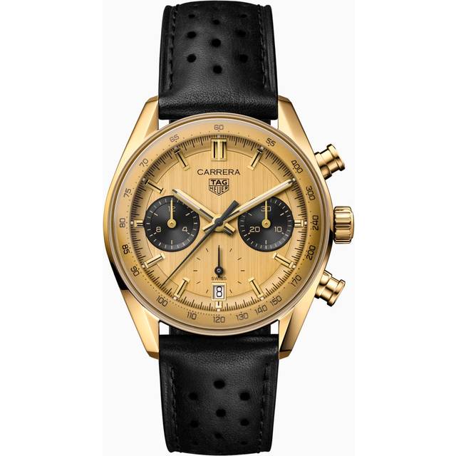 TAG Heuer Carrera Chronograph 39 mm Watch - Gold Plated Dial - Black Leather Band - Gold Case