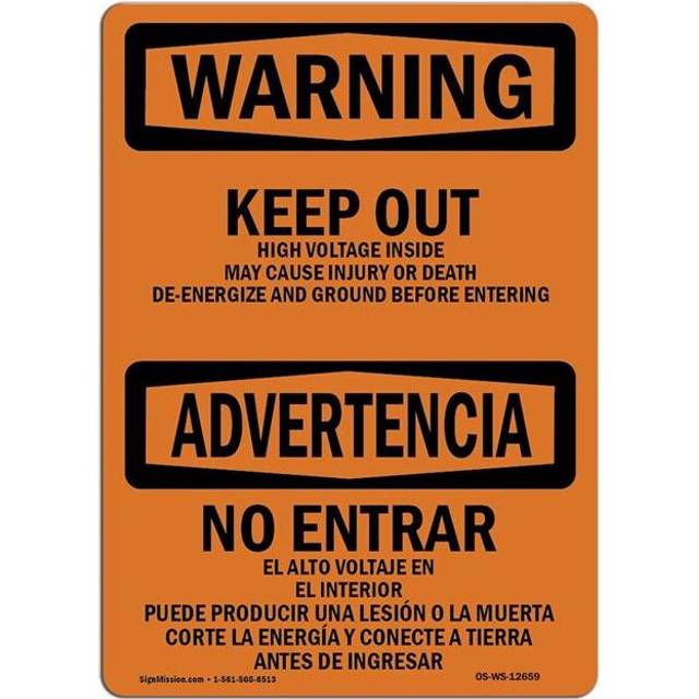 SignMission OS-WS-D-35-L-12659 OSHA Warning Sign - Keep Out Voltage Injury Death Bilingual