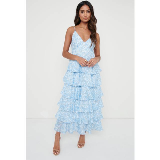 Lissy Ruffle Midaxi Dress - Blue Abstract, 12