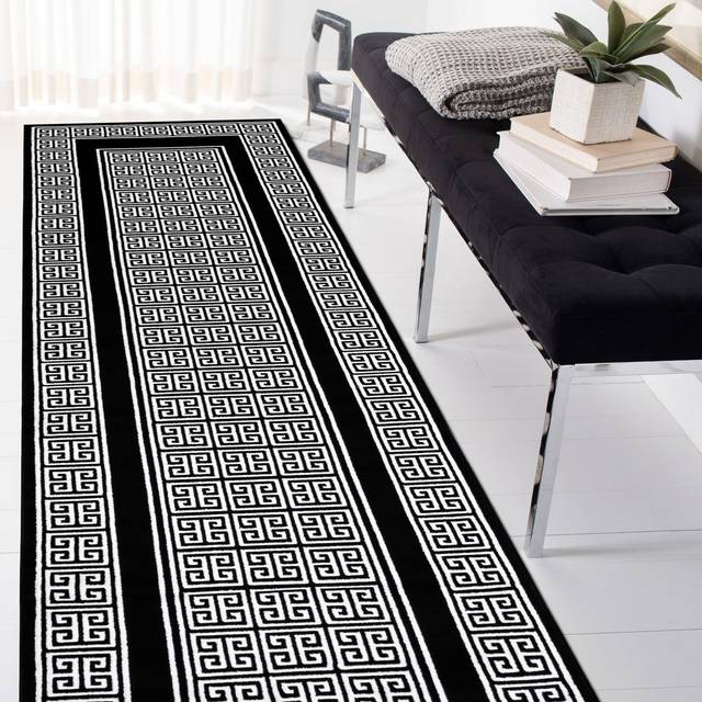 Modern GLOSS rugs for living rooms, bedrooms, kitchens, hallways, frames, Greek black / ivory (Runner 70  x 300cm)