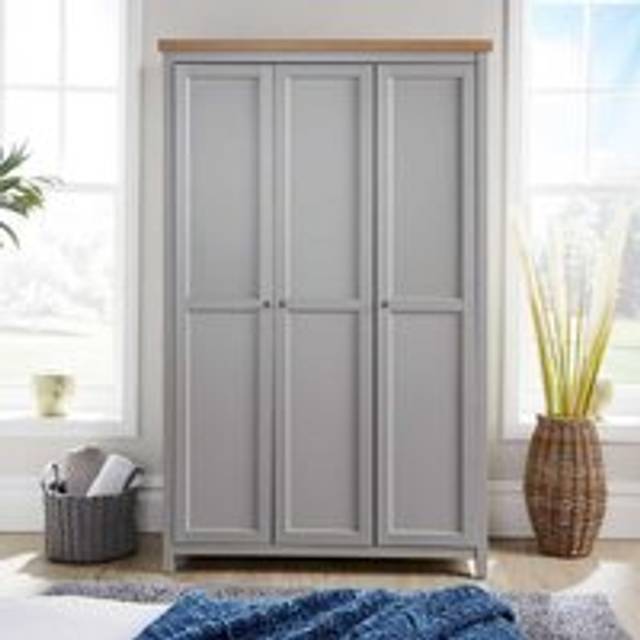 Wardrobe Grey Oak 3 Door Two Tone Wooden Hanging Rail Storage Shelves