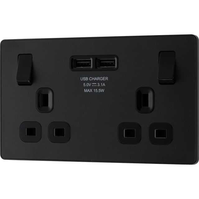 BG Evolve Matt Black Double Switched 13A Power Socket - PCDMB22B