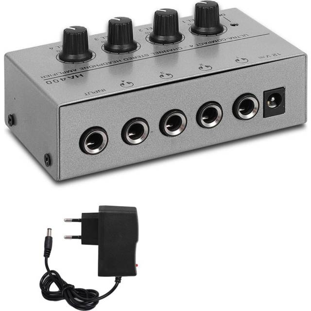 (Grey) 4 Channels Mini Headphone Amplifier HA400 Ultra-Compact Stereo Audio Amplifier With Power Adapter 10MHz Earphone Amp for Music