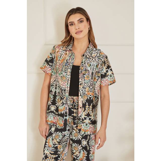 Yumi Black Satin Paisley Print Short Sleeve Shirt - Size 10 UK - Yumi