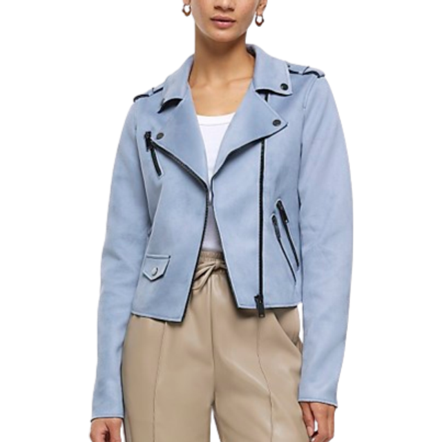 River Island Womens Blue Suedette Crop Biker Jacket - 8