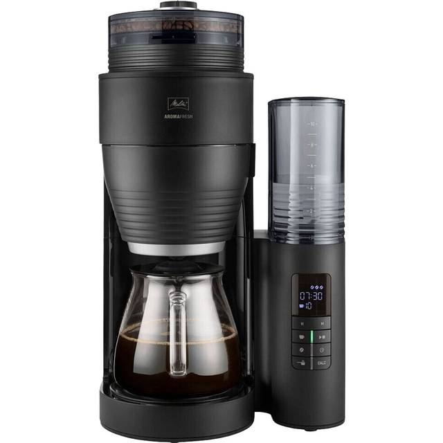 Melitta Aroma Fresh X – kaffemaskin med kvarn, filterkaffemaskin med glaskanna och droppstopp, för upp till 10 koppar kaffe, svart/silver
