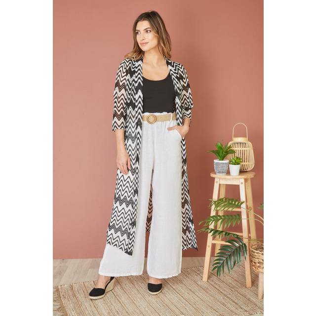 Yumi Womens Black Zig Zag Crochet Long Knitted Kimono - Size 10 UK