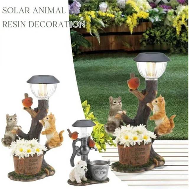 (Cat) Cat Dog Rabbit Garden Ornaments  Solar Lamp Statue