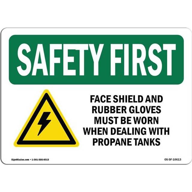 SignMission OS-SF-D-35-L-10613 OSHA Safety First Sign - Face Shield & Rubber Gloves with Symbol