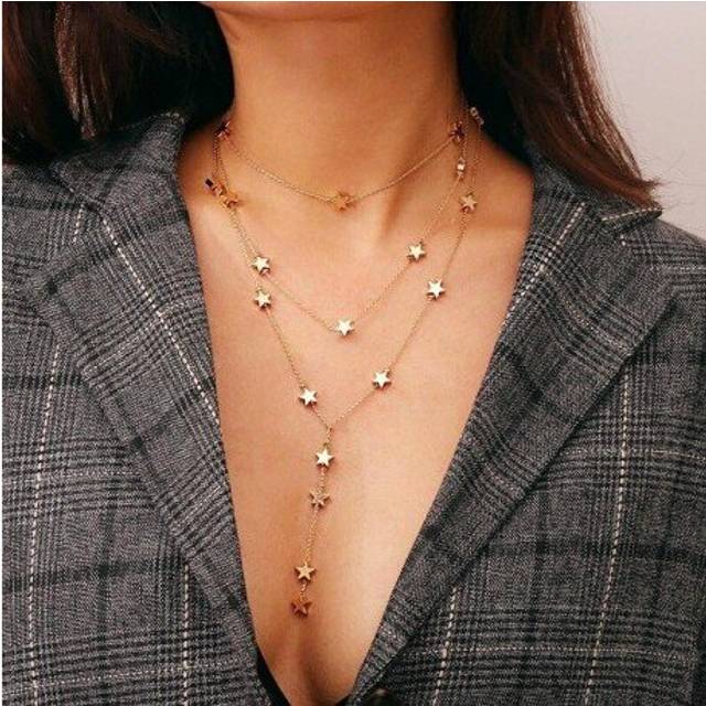 Hyoerbole Fashion Boho Women&#39;s Simple   Chain Multilayer Necklace Star Pendant Sequins Long Tassel Choker Necklace - Multicoloured