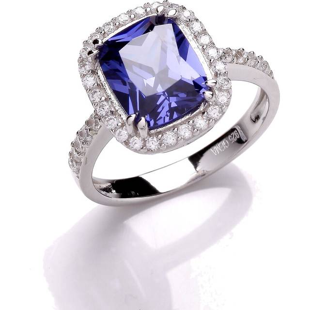 (R) Jewelco London Ladies Rhodium Sterling Silver Purple Emerald Cut CZ Shoulder-Set Halo Solitaire Engagement Ring
