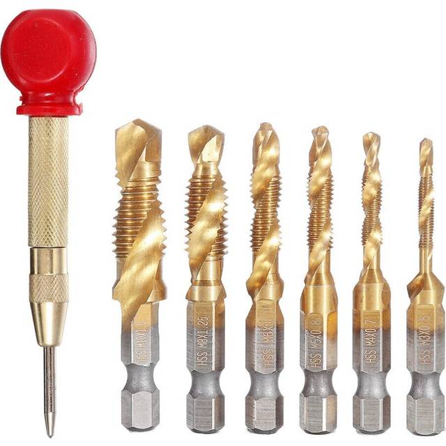 7Pcs Drill Bit Set 6Pcs M3-M10 Combination Tap HSS 6542 Titanium Coated Deburr Countersink Bits with 1Pcs Automatic Center Punch