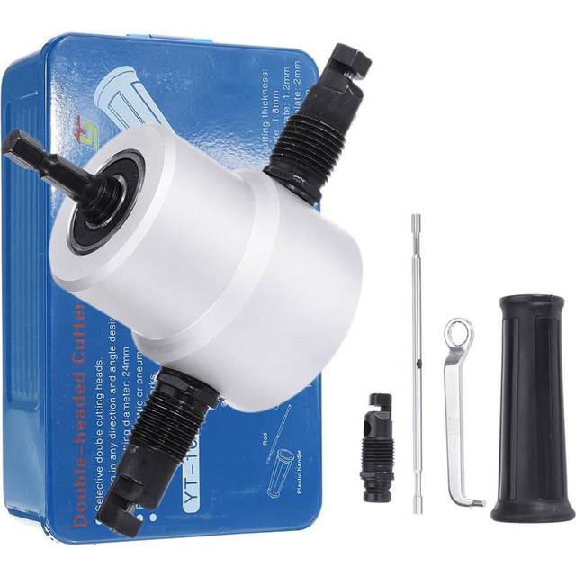 Silver 5Pcs YT-160A Double Head Metal Sheet Nibbler Cutter Drill Attachment with Wrench Cutting Blade Set for Electric Drill