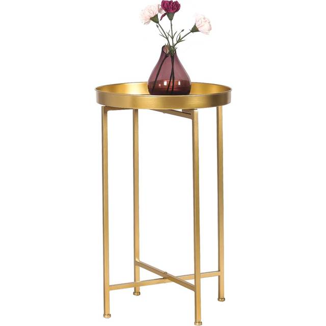 Adeco Round End Table Metal Folding Side Table Small Bedside Table Nightstand with Removable Tray Top for Living Room Bedroom Office (Gold)