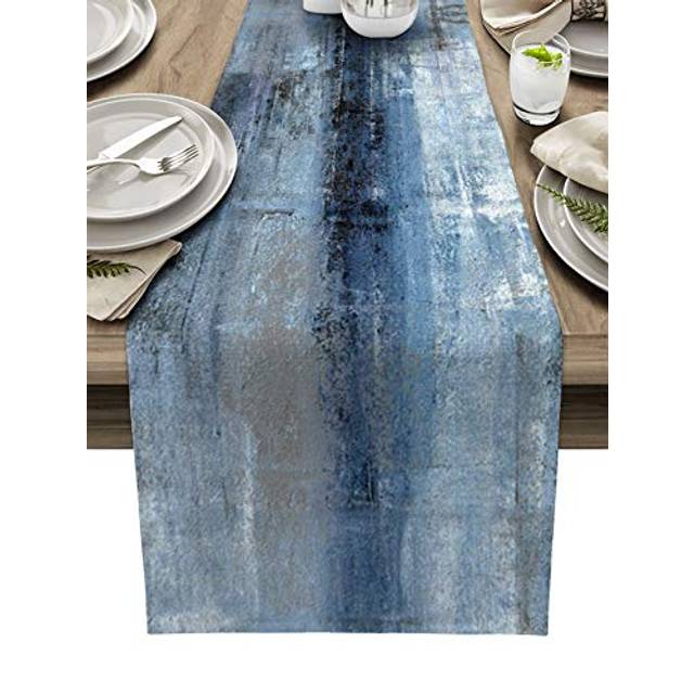 Burlap Linen Table Runner - 120 Inch Long  Retro Rustic Art Abstract Modern Decor Kitchen Dining Table Runner Dresser Scarves  Blue Ombre Painting Far