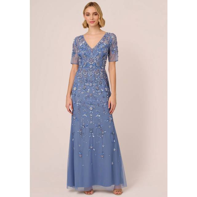 3D Floral Beaded Mermaid Gown With Sheer Short Sleeves In French Blue - 4