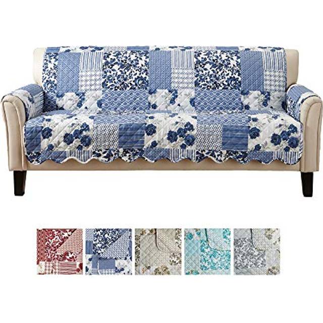 Great Bay Home Patchwork Scalloped Printed Furniture Protector Stain Resistant Sofa Cover Sofa Navy