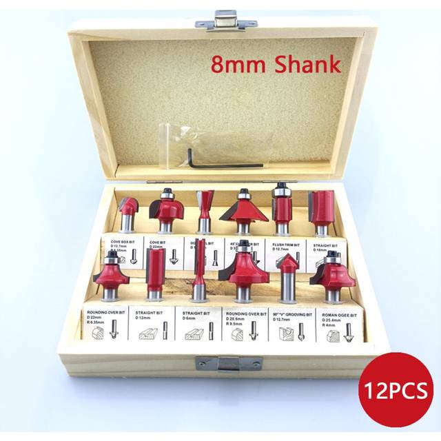 12Pcs 8mm Shank Router Bit Set Wood Milling Cutter Wood Cutters Bearings Wooden for Trimming Straight Cutting Woodworking Tools