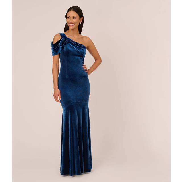 One Shoulder Velvet Mermaid Gown With Drape Sleeve In Ocean Wave - 16