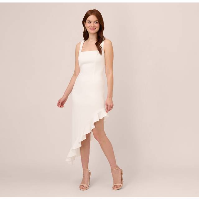 Asymmetrical Crepe Midi Dress With Flounce Hem In Ivory - 10