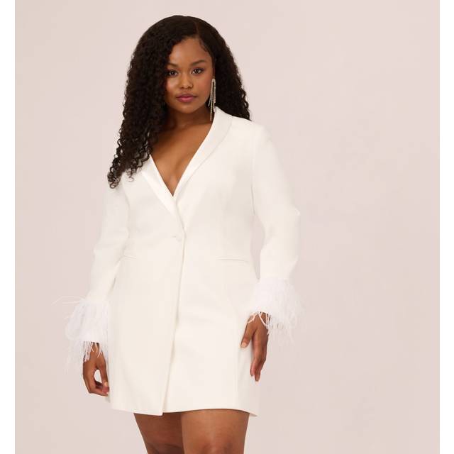 Plus Size Knit Crepe Long Sleeve Blazer Dress With Feather Trim In Ivory - 26