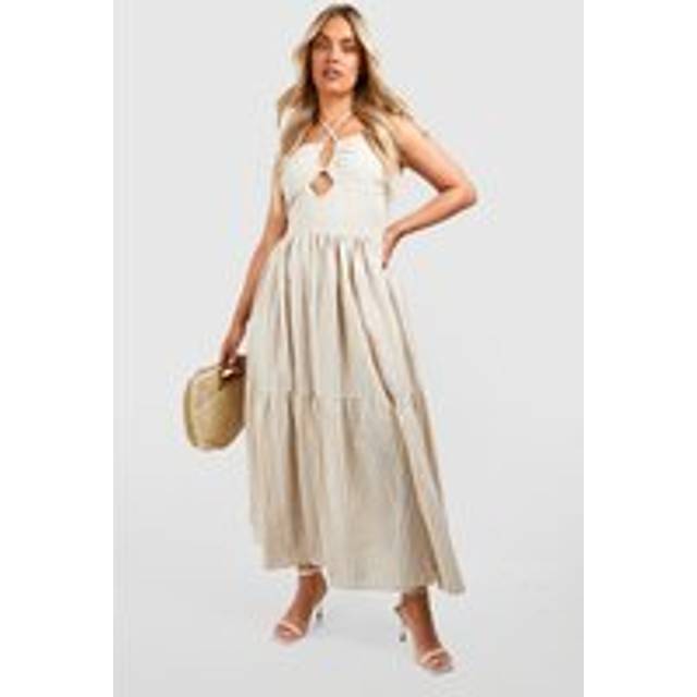 Womens Plus Woven Halterneck Stripe Maxi Dress - Neutral - 26