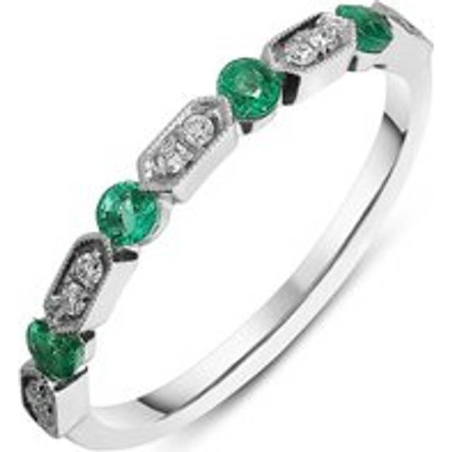18ct White Gold Emerald Diamond Vintage Style Half Eternity Ring - Option1 Value White Gold