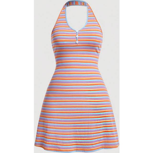 SHEIN Plus Size Summer Dopamine Colored Striped Slim Stretchy Halter Neck Dress With Front Middle Button Decoration