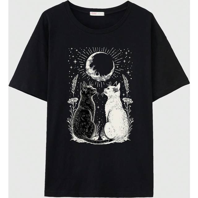ROMWE Fairy Goth Cat And Moon Illustration Print Loose Short Sleeve T-Shirt, School