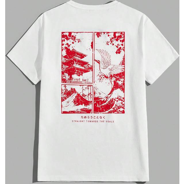 Manfinity Men Summer Crane Printed Round Neck Short Sleeve Casual T-Shirt With Slogan