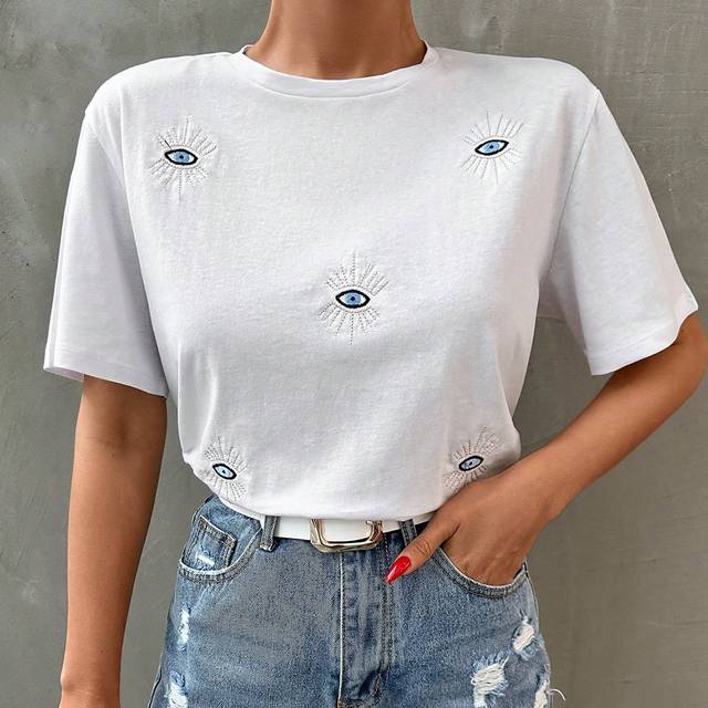 SHEIN 100%Cotton Women Round Neck T-Shirt With Eyes Embroidery
