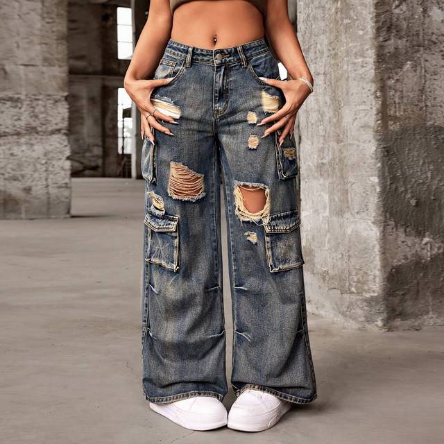 SHEIN Women Ripped And Pocketed Wide Leg Casual Jeans