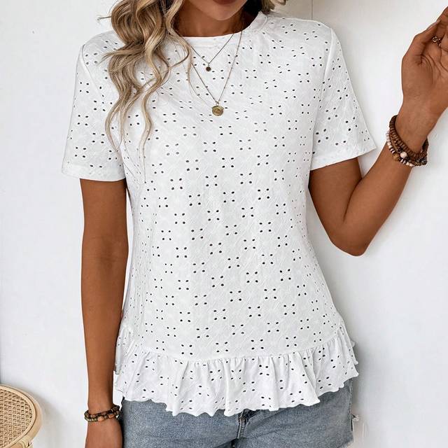 EMERY ROSE Summer Casual And Street Style White Ruffle Short-Sleeved Women&#39;s T-Shirt