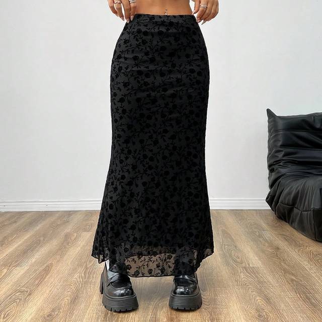 SHEIN Women&#39;s Floral Printed Mesh High Low A-Line Skirt