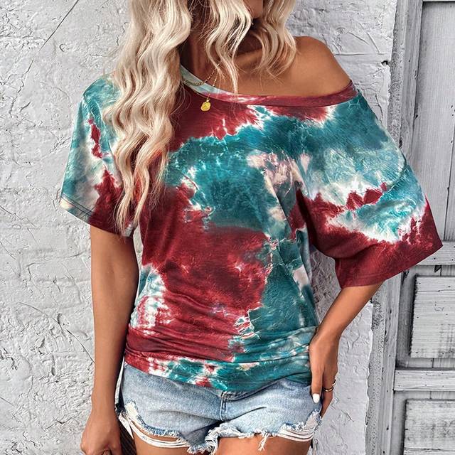 Kvinnor Tie-Dye en axel kortärmad T-shirt med slumpmässigt tryck Cutting Design + - Multifärgad (L,M,S,XS)