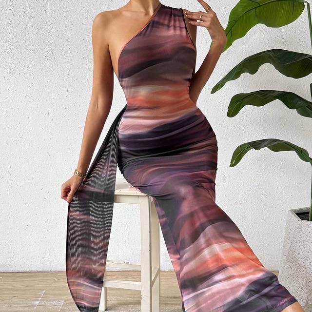 Rafferiza One-Shoulder Color-Blocked Bodycon Summer Dress With Floral Pattern